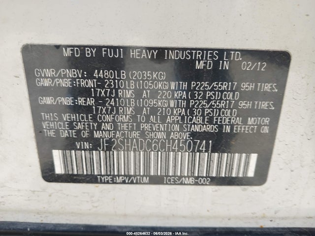 2012 Subaru Forester 2.5x Premium მანქანა იყიდება აუქციონზე, vin: JF2SHADC6CH450741, აუქციონის ნომერი: 45264632