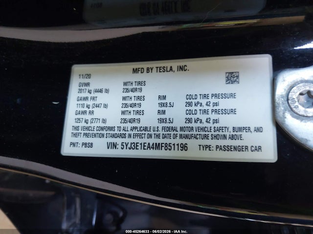 Tesla Model 3 Standard Range Plus Rear-wheel Drive 2021 5YJ3E1EA4MF851196 Image 9