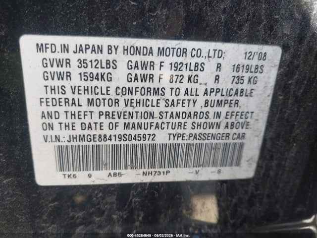 Продажа на аукционе авто 2009 Honda Fit Sport, vin: JHMGE88419S045972, номер лота: 45264645