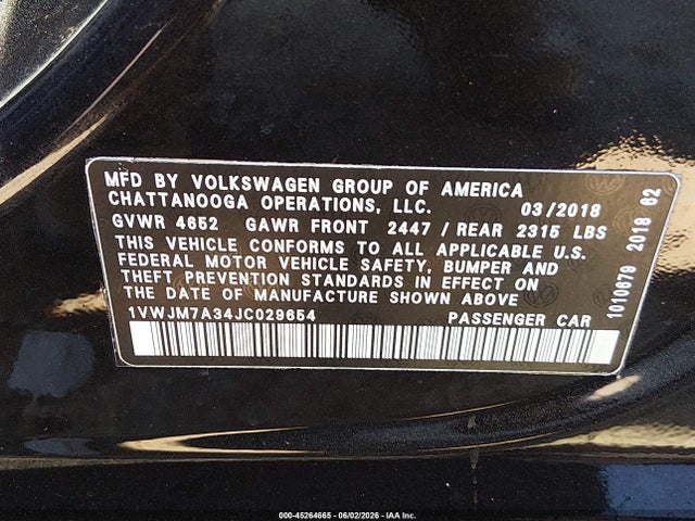 2018 Volkswagen Passat 3.6l V6 Gt მანქანა იყიდება აუქციონზე, vin: 1VWJM7A34JC029654, აუქციონის ნომერი: 45264665
