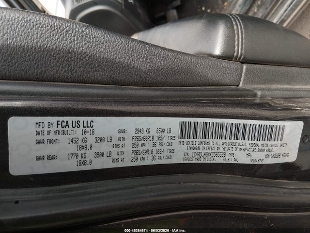 45264674 :رقم المزاد ، 1C4RDJAGXKC585538 vin ، 2019 Dodge Durango Sxt Awd مزاد بيع