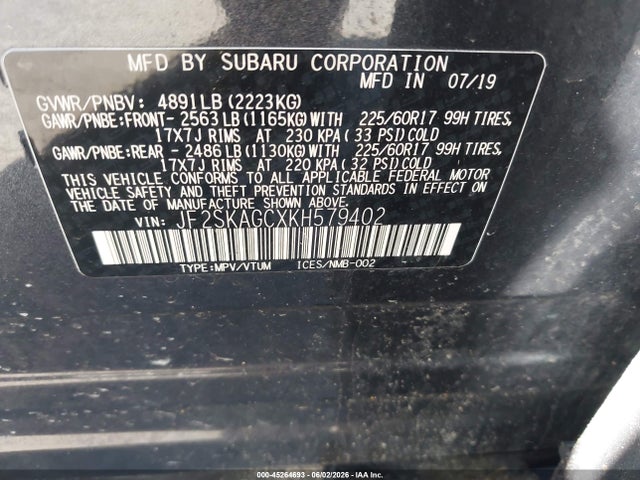 Aukcja sprzedaży 2019 Subaru Forester Premium, vin: JF2SKAGCXKH579402, numer aukcji: 45264693