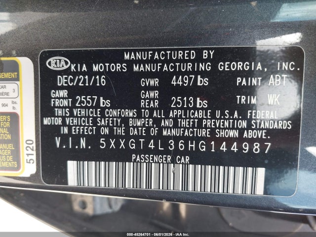 Продажа на аукционе авто 2017 Kia Optima Lx, vin: 5XXGT4L36HG144987, номер лота: 45264701
