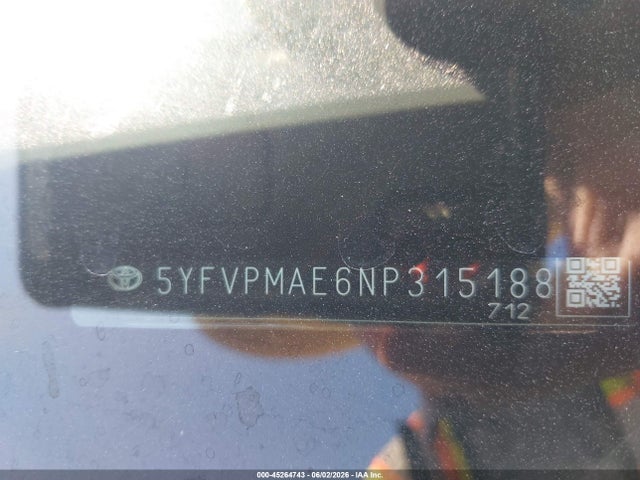Aukcja sprzedaży 2022 Toyota Corolla Le, vin: 5YFVPMAE6NP315188, numer aukcji: 45264743