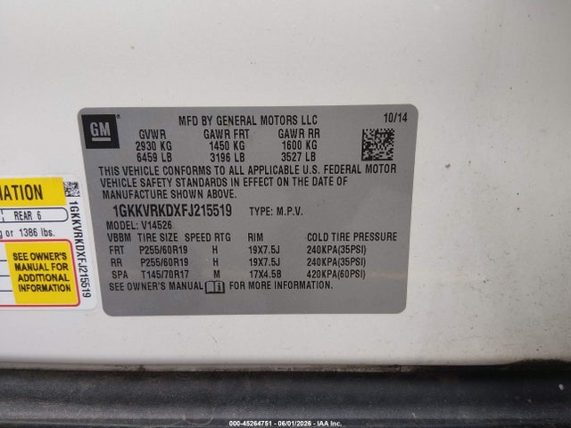 45264751 :رقم المزاد ، 1GKKVRKDXFJ215519 vin ، 2015 Gmc Acadia Slt-1 مزاد بيع