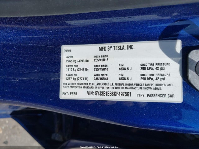 Auction sale of the 2019 Tesla Model 3 Long Range/performance, vin: 5YJ3E1EB8KF497561, lot number: 45264757