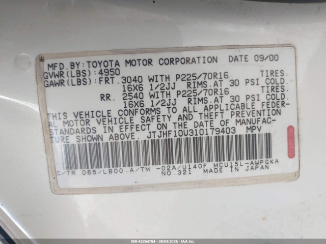 45264764 :رقم المزاد ، JTJHF10U310179403 vin ، 2001 Lexus Rx 300 مزاد بيع