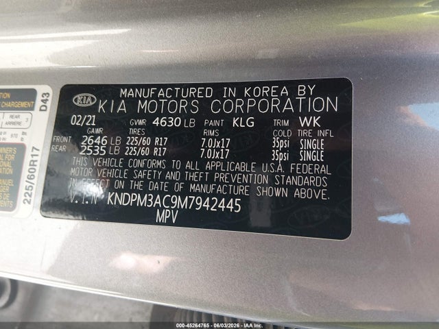 45264765 :رقم المزاد ، KNDPM3AC9M7942445 vin ، 2021 Kia Sportage Lx مزاد بيع