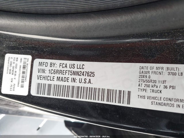 45264768 :رقم المزاد ، 1C6RREFT5NN247625 vin ، 2022 Ram 1500 Big Horn  4x2 5'7 Box مزاد بيع