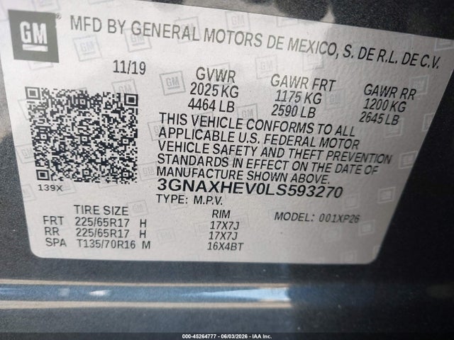 Aukcja sprzedaży 2020 Chevrolet Equinox Fwd Ls, vin: 3GNAXHEV0LS593270, numer aukcji: 45264777