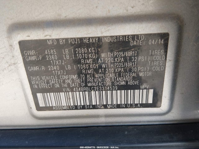 Продажа на аукционе авто 2014 Subaru Outback 2.5i Limited, vin: 4S4BRBLC2E3314539, номер лота: 45264778
