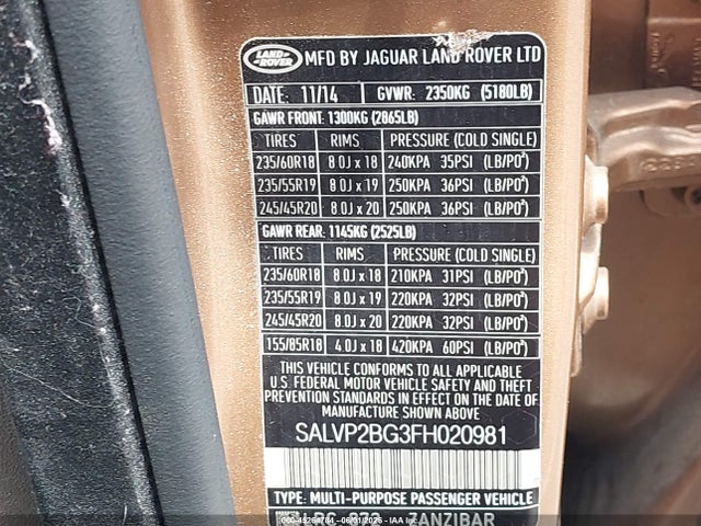 Aukcja sprzedaży 2015 Land Rover Range Rover Evoque Pure, vin: SALVP2BG3FH020981, numer aukcji: 45264784