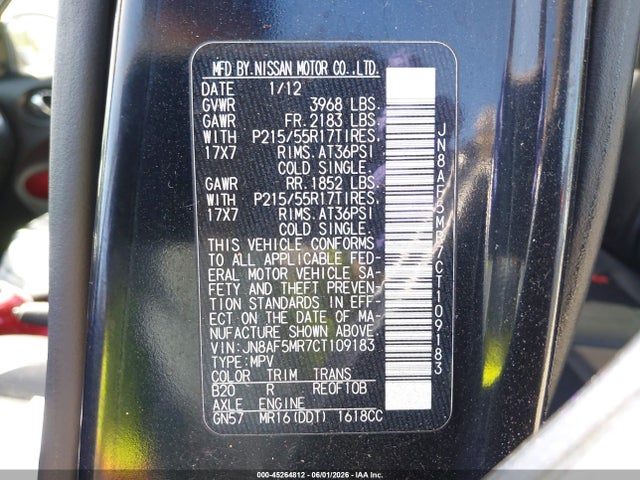 Продаж на аукціоні авто 2012 Nissan Juke Sl, vin: JN8AF5MR7CT109183, номер лоту: 45264812