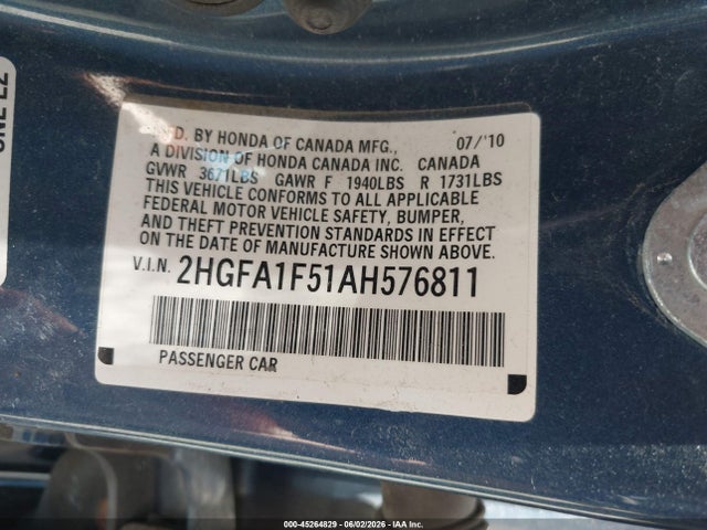 Продажа на аукционе авто 2010 Honda Civic Lx, vin: 2HGFA1F51AH576811, номер лота: 45264829