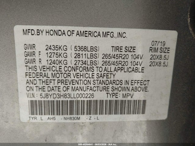 45264841 :رقم المزاد ، 5J8YD3H83LL000226 vin ، 2020 Acura Mdx Advance Package مزاد بيع