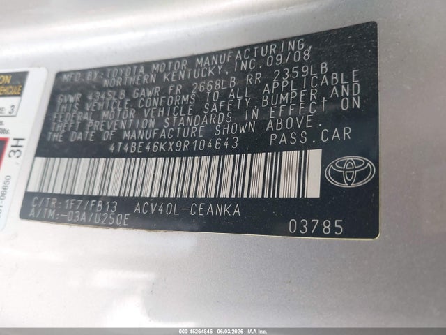 Aukcja sprzedaży 2009 Toyota Camry, vin: 4T4BE46KX9R104643, numer aukcji: 45264846