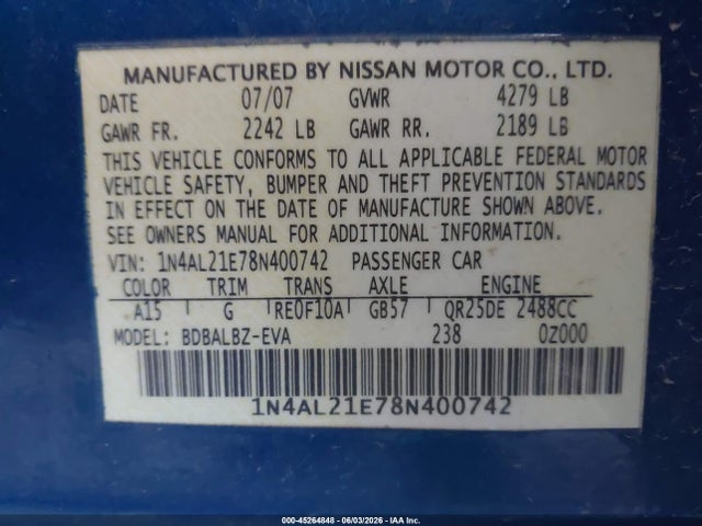 Продажа на аукционе авто 2008 Nissan Altima 2.5 S, vin: 1N4AL21E78N400742, номер лота: 45264848