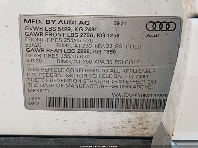 Aukcja sprzedaży 2022 Audi Q5 Premium Plus 45 Tfsi S Line Quattro S Tronic, vin: WA1EAAFY0N2013892, numer aukcji: 45264850