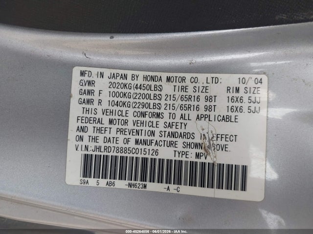 Aukcja sprzedaży 2005 Honda Cr-v Ex, vin: JHLRD78885C015126, numer aukcji: 45264856