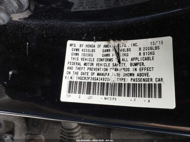 45264863 :رقم المزاد ، 1HGCR2F36GA049208 vin ، 2016 Honda Accord Lx مزاد بيع
