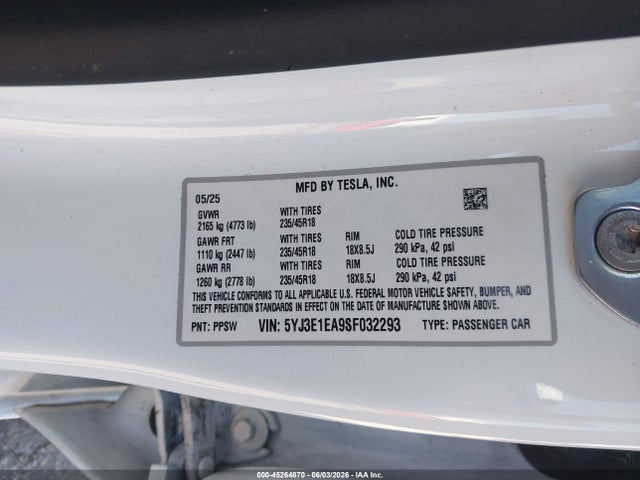 Продаж на аукціоні авто 2025 Tesla Model 3 Long Range Rear-wheel Drive/standard Rear-wheel Drive, vin: 5YJ3E1EA9SF032293, номер лоту: 45264870