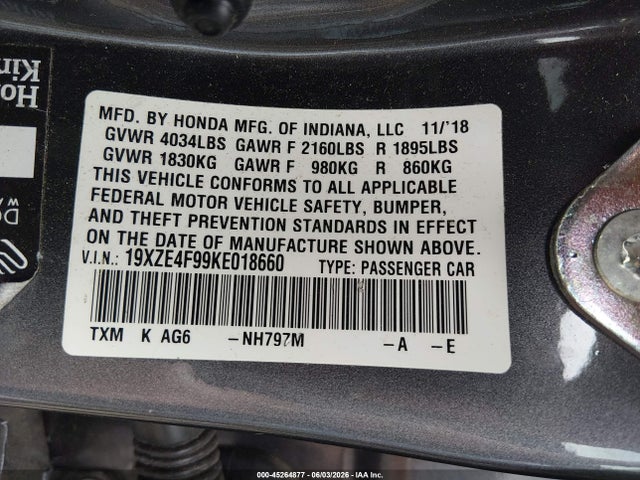 2019 Honda Insight Touring მანქანა იყიდება აუქციონზე, vin: 19XZE4F99KE018660, აუქციონის ნომერი: 45264877