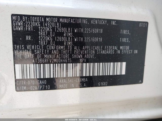 4T3B6RFV2MU044615 Toyota Rav4 Hybrid Xle Premium