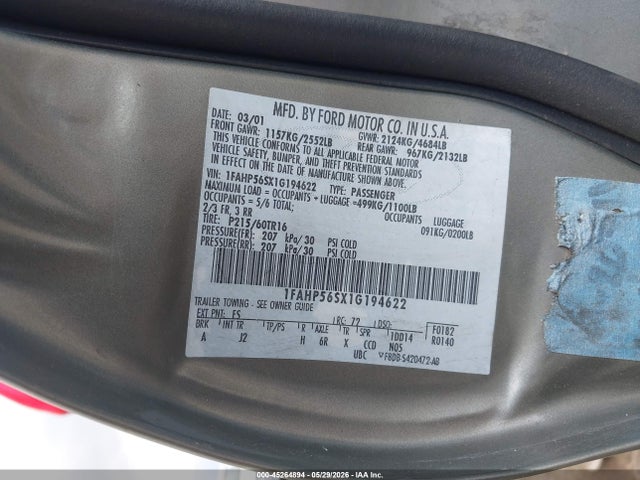 45264894 :رقم المزاد ، 1FAHP56SX1G194622 vin ، 2001 Ford Taurus Sel مزاد بيع