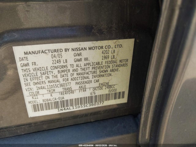 Продажа на аукционе авто 2005 Nissan Altima 2.5 S, vin: 1N4AL11D55C360377, номер лота: 45264896
