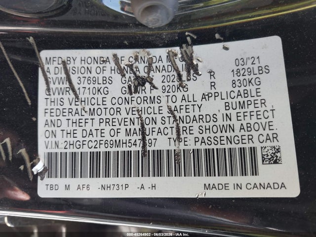 Aukcja sprzedaży 2021 Honda Civic Lx, vin: 2HGFC2F69MH547697, numer aukcji: 45264902