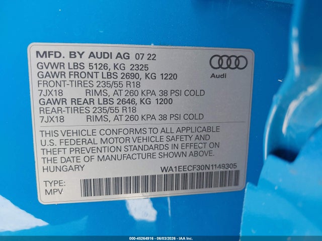 Продажа на аукционе авто 2022 Audi Q3 Premium Plus 45 Tfsi S Line Quattro Tiptronic, vin: WA1EECF30N1149305, номер лота: 45264916