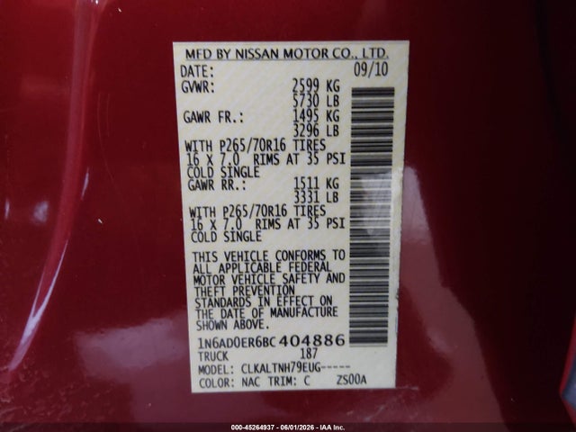 Aukcja sprzedaży 2011 Nissan Frontier Sv, vin: 1N6AD0ER6BC404886, numer aukcji: 45264937