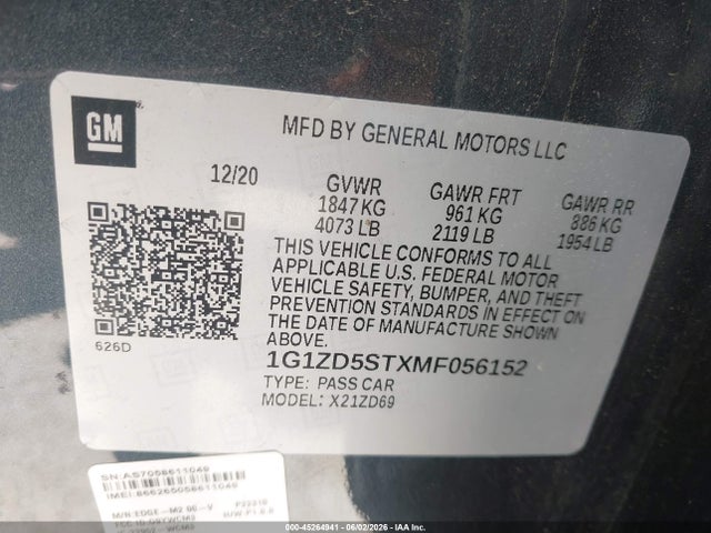 2021 Chevrolet Malibu Fwd Lt მანქანა იყიდება აუქციონზე, vin: 1G1ZD5STXMF056152, აუქციონის ნომერი: 45264941