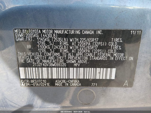 45264942 :رقم المزاد ، 2T3ZF4DV3BW099320 vin ، 2011 Toyota Rav4 مزاد بيع