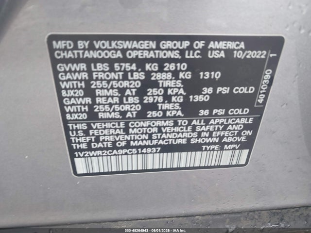 45264943 :رقم المزاد ، 1V2WR2CA9PC514937 vin ، 2023 Volkswagen Atlas 3.6l V6 Se W/technology مزاد بيع