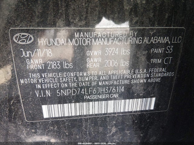 Auction sale of the 2018 Hyundai Elantra Se, vin: 5NPD74LF6JH376114, lot number: 45264951