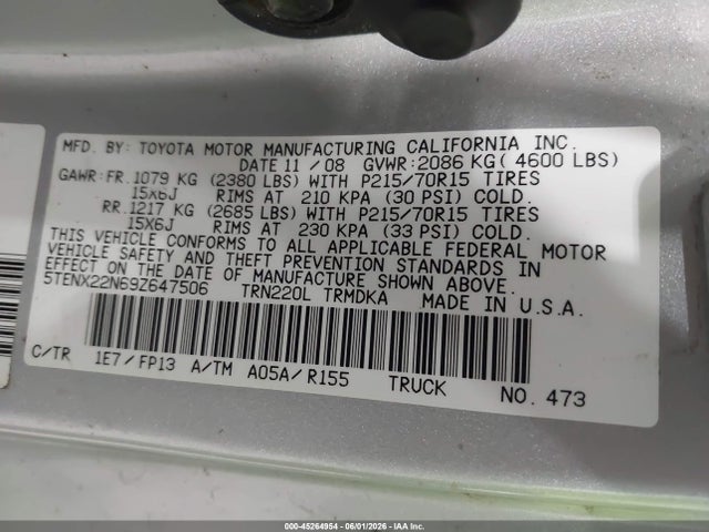 Aukcja sprzedaży 2009 Toyota Tacoma, vin: 5TENX22N69Z647506, numer aukcji: 45264954