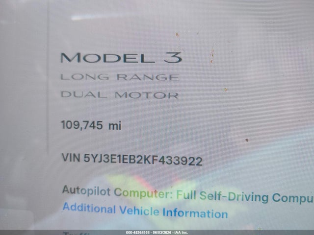 2019 Tesla Model 3 Long Range/performance მანქანა იყიდება აუქციონზე, vin: 5YJ3E1EB2KF433922, აუქციონის ნომერი: 45264958