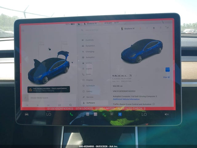 2019 Tesla Model 3 Long Range/performance მანქანა იყიდება აუქციონზე, vin: 5YJ3E1EB2KF433922, აუქციონის ნომერი: 45264958