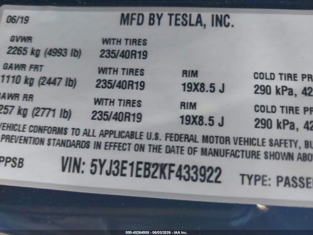 2019 Tesla Model 3 Long Range/performance მანქანა იყიდება აუქციონზე, vin: 5YJ3E1EB2KF433922, აუქციონის ნომერი: 45264958
