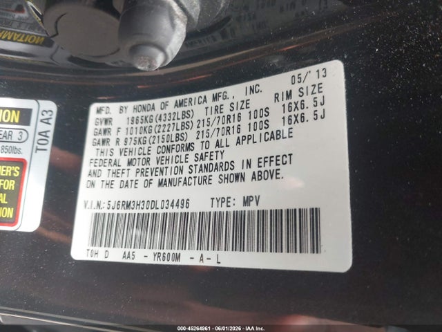 Продаж на аукціоні авто 2013 Honda Cr-v Lx, vin: 5J6RM3H30DL034496, номер лоту: 45264961