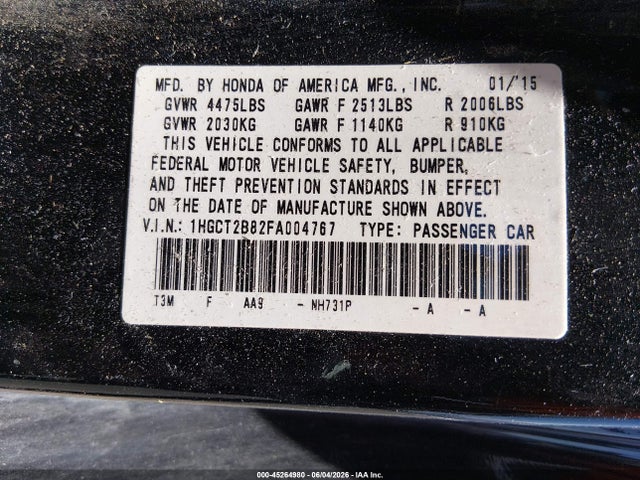 2015 Honda Accord Ex-l V-6 მანქანა იყიდება აუქციონზე, vin: 1HGCT2B82FA004767, აუქციონის ნომერი: 45264980