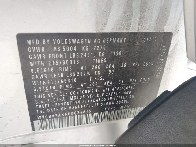 2017 Volkswagen Tiguan 2.0t/2.0t S მანქანა იყიდება აუქციონზე, vin: WVGBV7AX5HK026815, აუქციონის ნომერი: 45264985