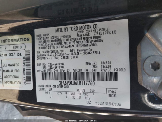 Ford FUSION SEL 2020 3FA6P0CD6LR117760 Image 9