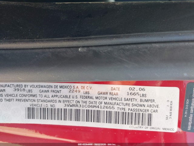 2006 Volkswagen New Beetle Tdi მანქანა იყიდება აუქციონზე, vin: 3VWRR31C06M412655, აუქციონის ნომერი: 45264988
