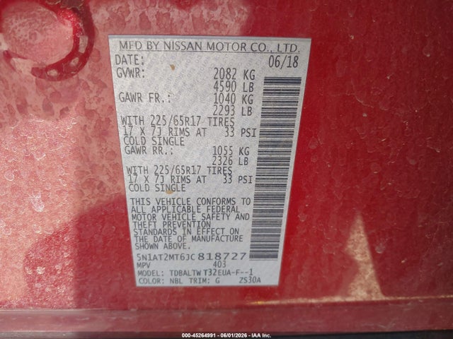Aukcja sprzedaży 2018 Nissan Rogue Sv, vin: 5N1AT2MT6JC818727, numer aukcji: 45264991