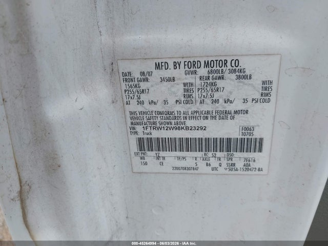 Aukcja sprzedaży 2008 Ford F-150 60th Anniversary/fx2/xl/xlt, vin: 1FTRW12W98KB23292, numer aukcji: 45264994