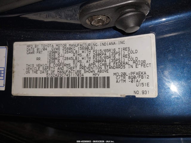 2004 Toyota Sienna Le მანქანა იყიდება აუქციონზე, vin: 5TDZA23C74S117034, აუქციონის ნომერი: 45265003