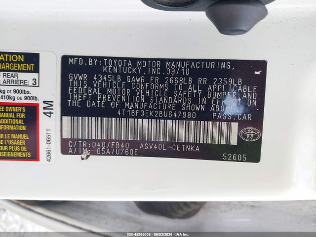 Продажа на аукционе авто 2011 Toyota Camry Le, vin: 4T1BF3EK2BU647980, номер лота: 45265006