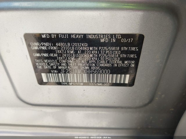 Продажа на аукционе авто 2017 Subaru Forester 2.5i Touring, vin: JF2SJAWCXHH569000, номер лота: 45265015